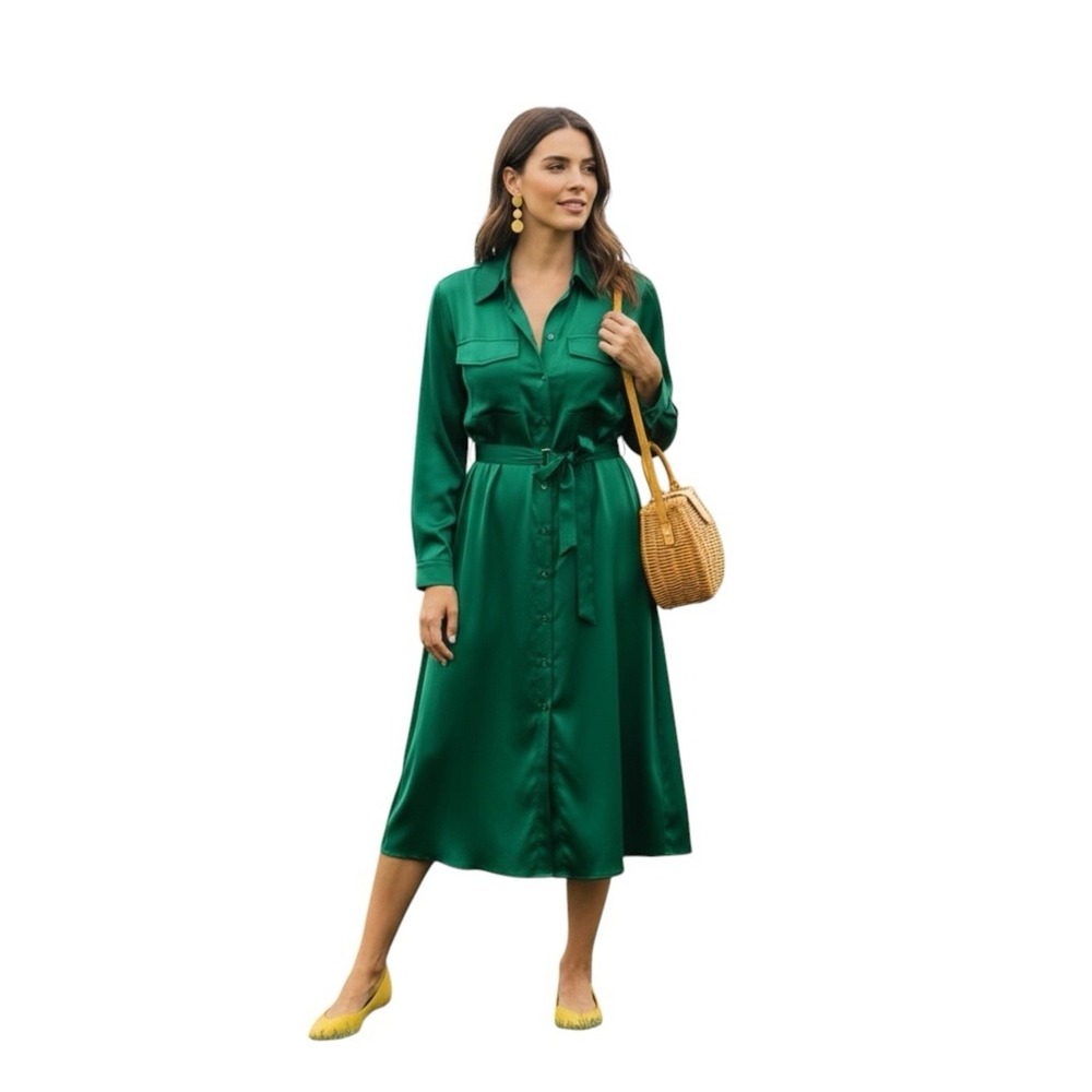 Lucky Brand Jewel Green Satin Shirt Dress XL Utility Long Sleeve Midi Pockets